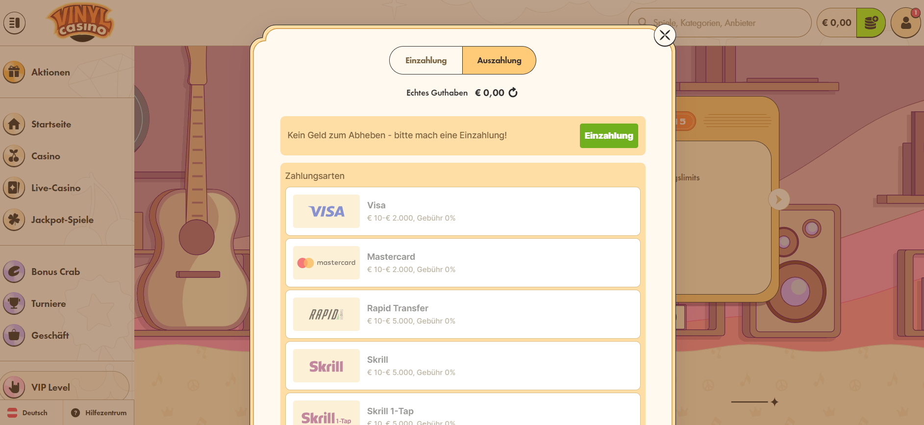 Vinyl Casino Auszahlungsmethoden